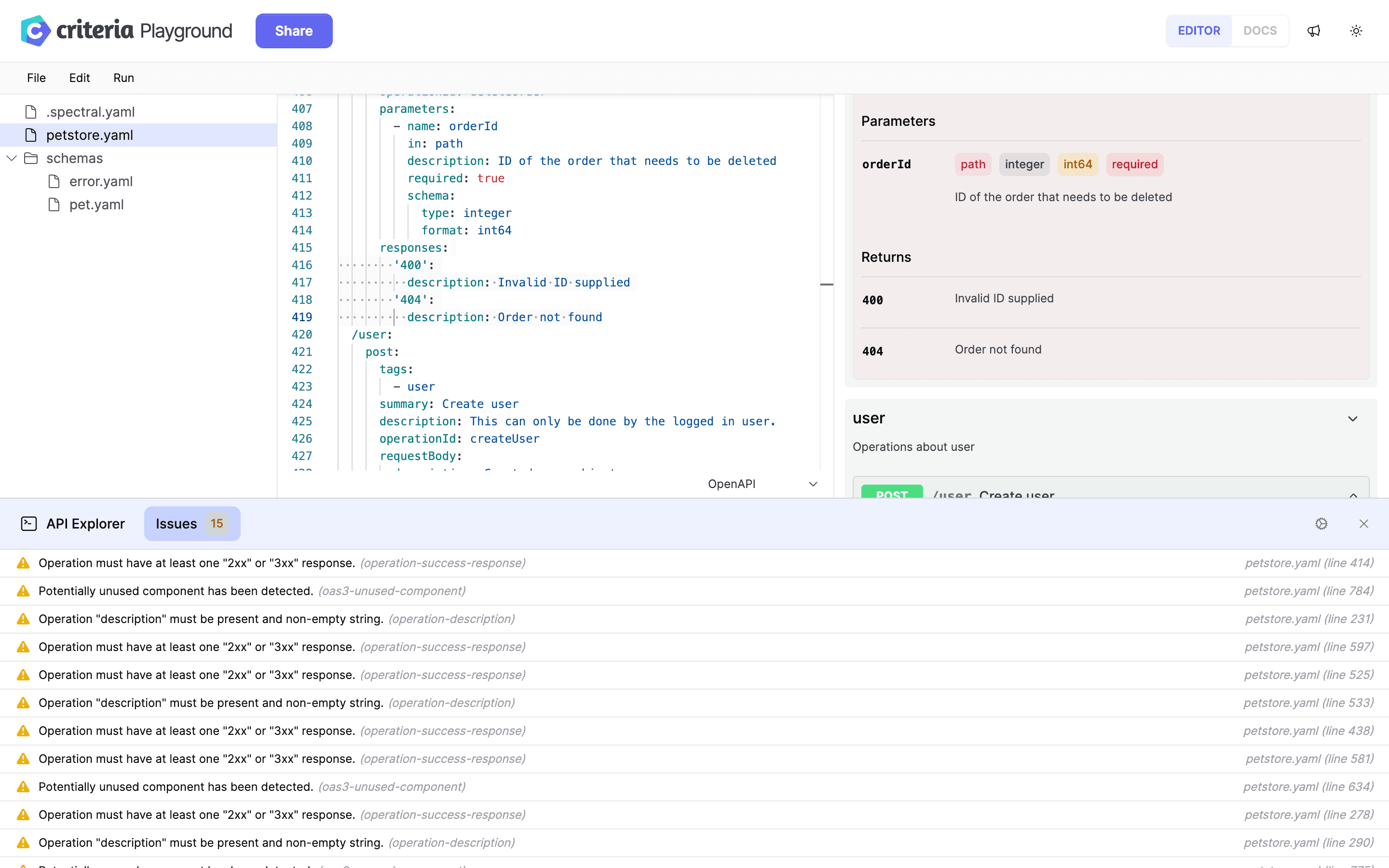 Screenshot of Criteria Playground API Issues view