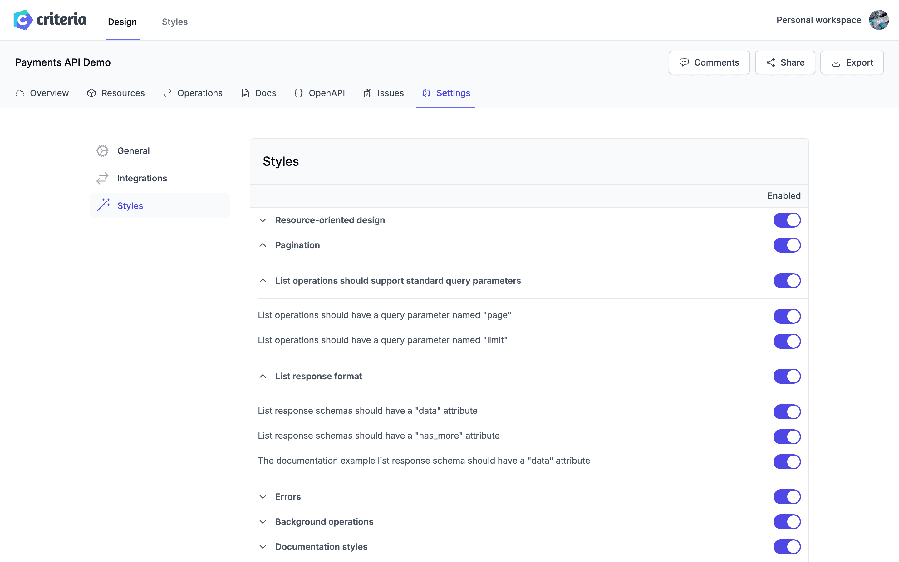 Screenshot of Criteria Playground API documentation