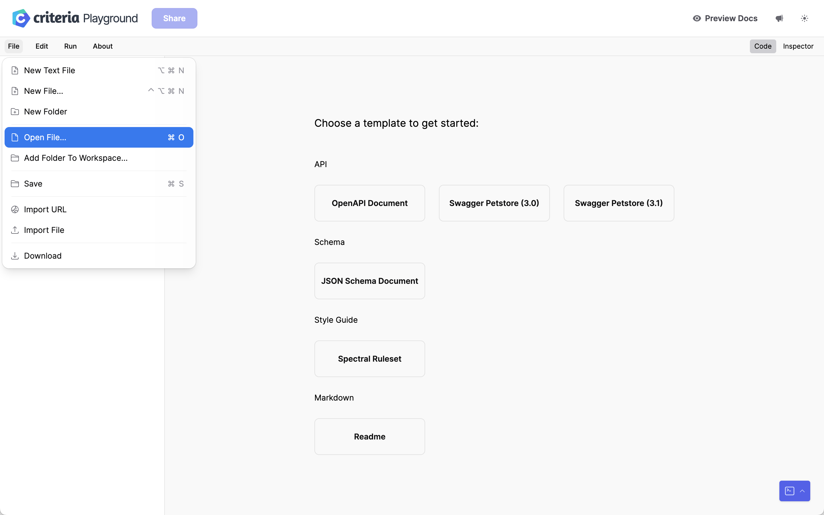 Criteria Playground File Menu